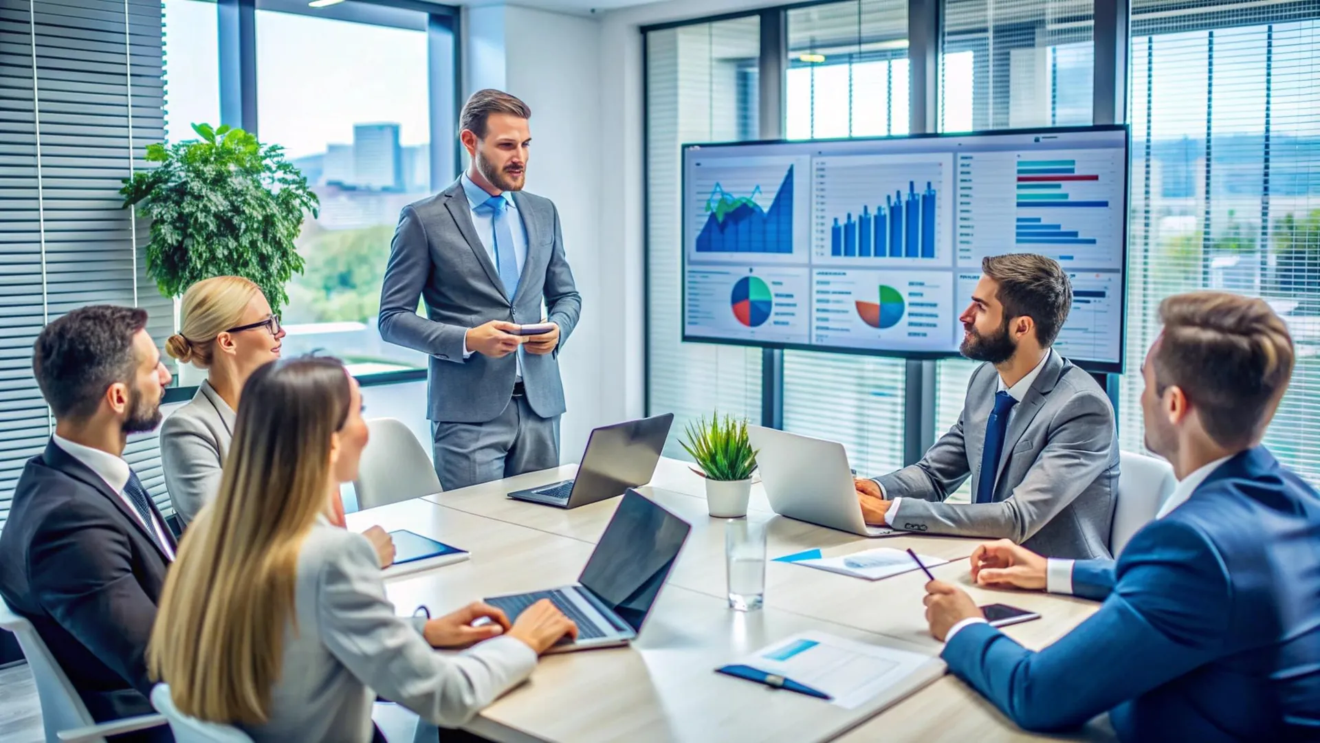 Advisers reviewing business performance with clients in a meeting room