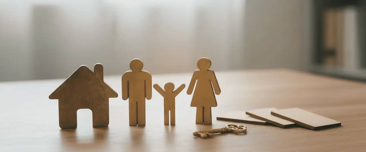 Wooden house and family figures representing insured assets
