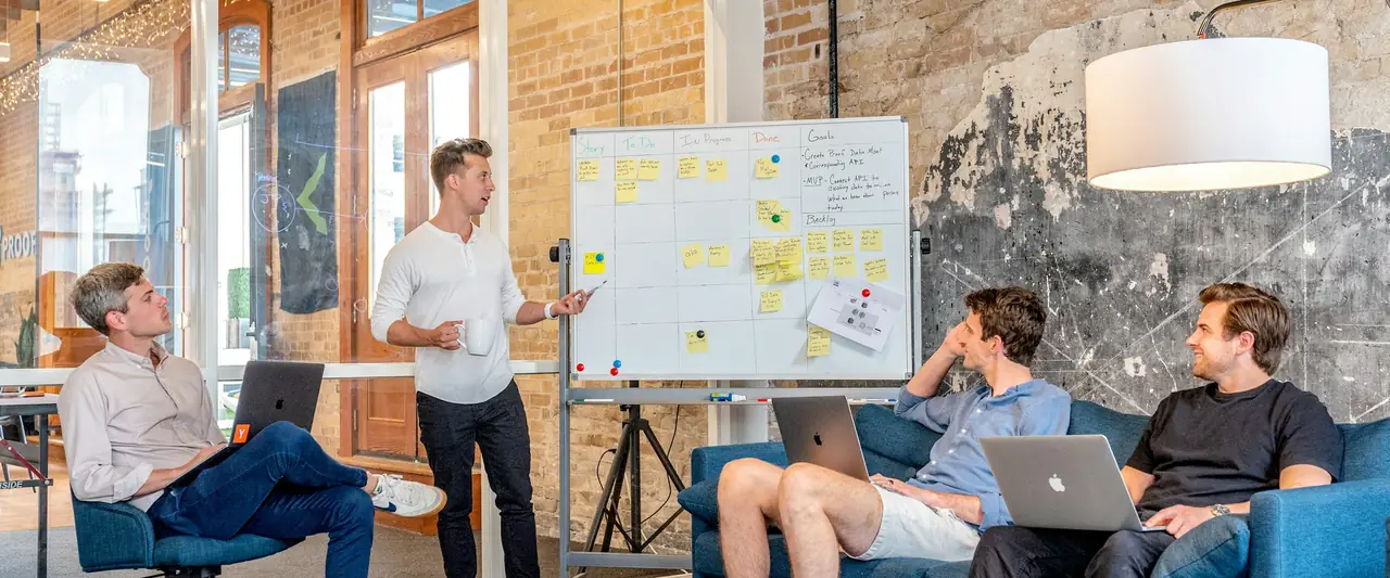 Start-up team planning at a whiteboard