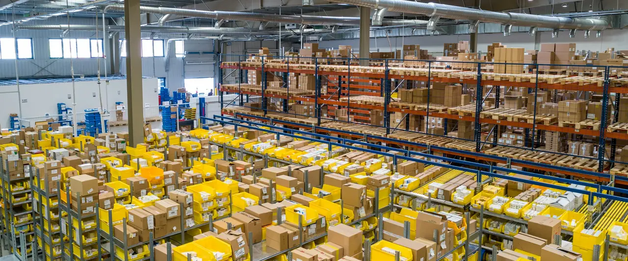 Warehouse shelves stocked with inventory